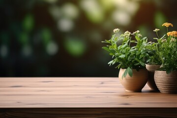 Poster - Wooden table top with pot plants blurred background for products