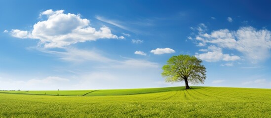 Poster - Countryside spring landscape Green field and tree with blue sky. Creative banner. Copyspace image