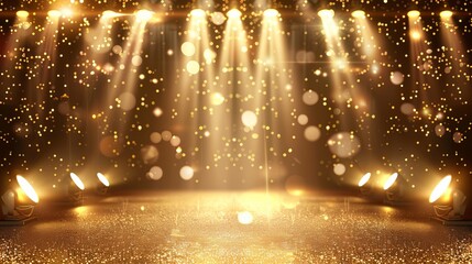 Wall Mural - A gold stage scene adorned with glitter light effects, decorations, and bokeh. This luxury background design concept is illustrated in a vector format.