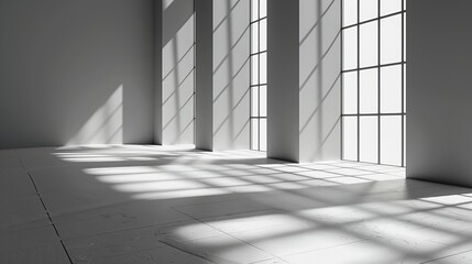 Wall Mural - A gray background for product presentation, featuring shadows and light streaming in from windows.