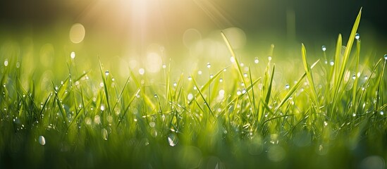 Poster - green grass with water drops bright sunlight green nature background summer meadow sunrise. Creative banner. Copyspace image