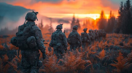 Wall Mural - Soldiers in camouflage gear walking through a field with a vivid sunset backdrop