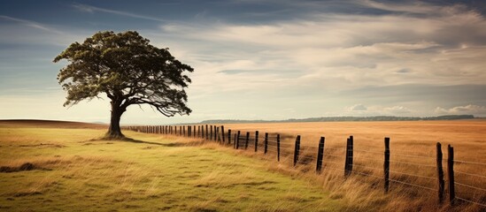 Poster - Fence by a lone tree in a farm field. Creative banner. Copyspace image