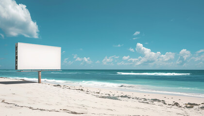 Wall Mural - A pristine white billboard on a tropical beach with a clear blue sky and a few fluffy clouds above waves gently crashing on the shore