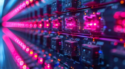 Poster - An illuminated circuit board with advanced AI processor and colorful lighting effects