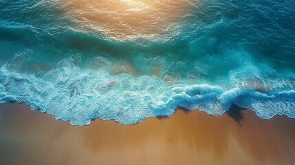 A top-down shot of an ocean wave crashing onto the sunlit sandy shore, showcasing the natural beauty of the coastline