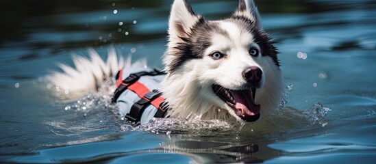 Poster - Siberian husky gray and white colors with blue eyes wear life jacket swim in swimming pool dog swimming dog activity happy dog fluffy dog. Creative banner. Copyspace image