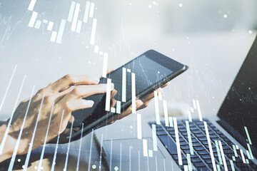 Poster - Multi exposure of abstract financial graph and hand working with a digital tablet on background, financial and trading concept