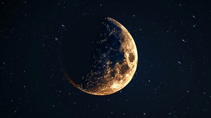 Wall Mural - A detailed crescent moon shining brightly in the night sky, set against a black background.