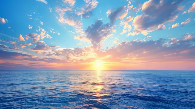 A nature background featuring a sunset with a blue sea and sky adorned with clouds.