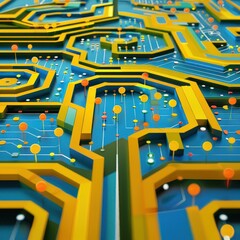 Poster - Intricate design of a futuristic circuit board featuring yellow geometric patterns on a blue background with various nodes and connections.

