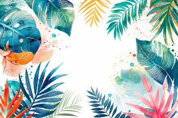 Wall Mural - watercolor frame of tropical leaves with artistic splashes, creating a vibrant and exotic border. Ideal for invitations, greeting cards, and creative designs