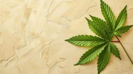 Wall Mural - Close up of cannabis leaf on beige background top view with space for text Healthy organic product Medical cannabis concept invitation card