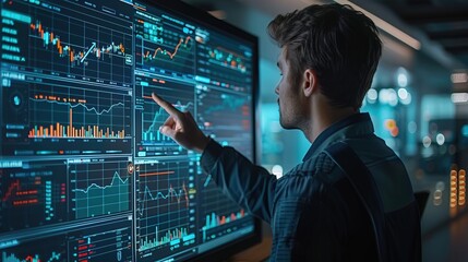 Wall Mural - A detailed image of an interactive uptrend candlestick chart on a touchscreen display in a high-tech trading room