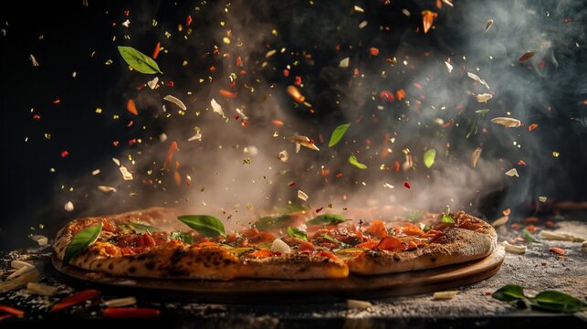 Fresh pizza with tomatoes, cheese, and basil in mid-air. Food background