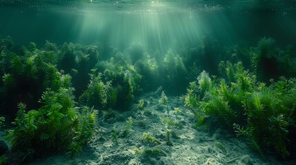 Wall Mural - A tranquil underwater landscape with sunbeams filtering through water onto the seabed surrounded by algae