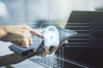 Poster - Creative lock sketch with chip hologram and hand working with a digital tablet on background, protection of personal data concept. Multiexposure