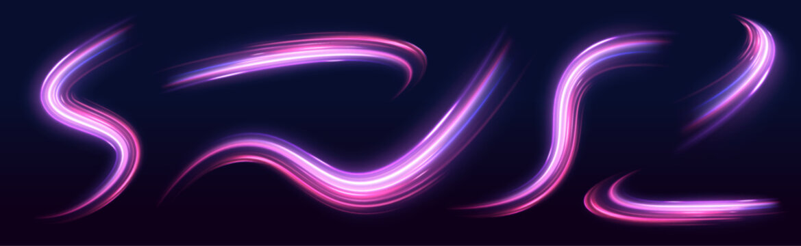 Neon Color Blurred Motion On Speedway. Acceleration speed motion on night road. Concept of leading in business, Hi tech products, warp speed wormhole science vector design.	
