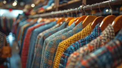 A variety of checked, patterned, and plain shirts neatly arranged on hangers in a retail clothing environment