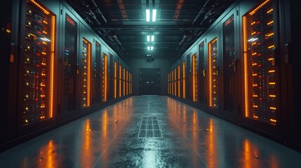 Poster - A perspective view of a modern data center with rows of server racks lit with orange and blue lights