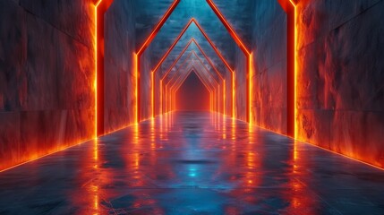 Poster - This vibrant image features a glowing futuristic corridor with radiant red lights and reflective surfaces
