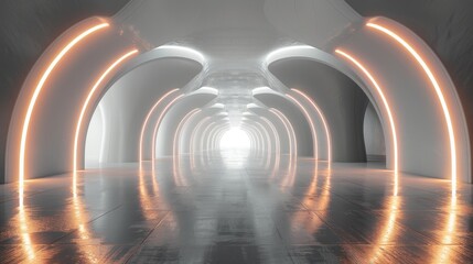 Poster - An empty, stylishly curved tunnel lined with reflective surfaces and warm glowing lines