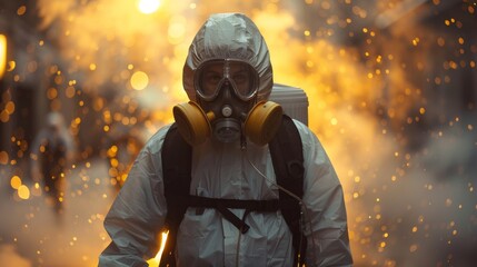 An individual wearing protective hazmat gear stands with a backdrop of glowing sparks, possibly indicating danger or decontamination