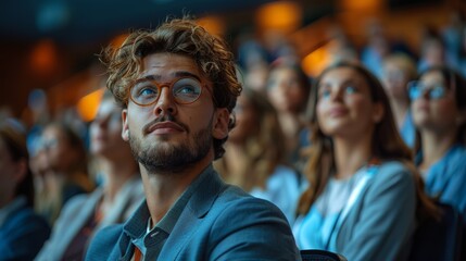 Wall Mural - Close up of a young man with curly hair and glasses among an audience, looking attentive and engaged at an event or conference