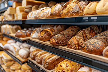 Different kinds of baked bread on shelves in bakery shop