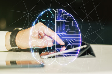 Aufkleber - Double exposure of creative human brain microcircuit and hand working with a digital tablet on background. Future technology and AI concept