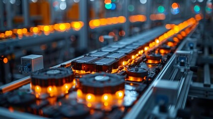 Poster - Conveyor belts with glowing elements illustrate a high-tech automated manufacturing process in an industrial setting