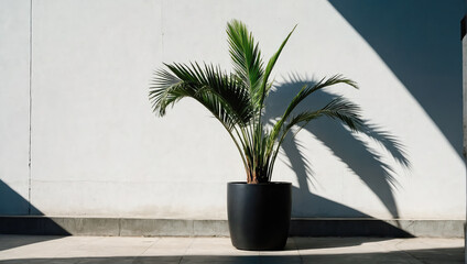 Wall Mural - creative layout of colorful palm leaves on a white background in the rays of the sun, with shadows. 