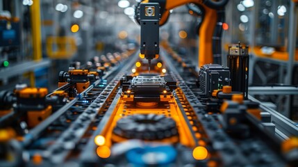 Poster - Automated machinery with mechanical arms handles battery units on a busy manufacturing production line