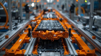 Poster - A close-up of a modern robot arm engaged in the assembly of battery units on an automated production line