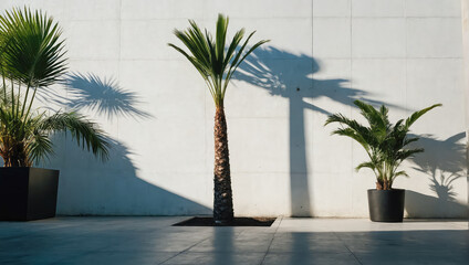 Wall Mural - creative layout of colorful palm leaves on a white background in the rays of the sun, with shadows. 