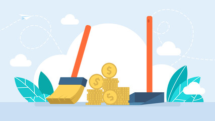 Sweeping coins. The concept of inflation, embargo, sanctions, devaluation. A broom sweeps banknotes, getting rid of money or cleaning. Broom, scoop, sweep. Flat illustration