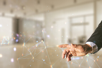 Poster - Man hand presses on abstract virtual wireless technology hologram on blurred office background. Big data and database concept. Multiexposure