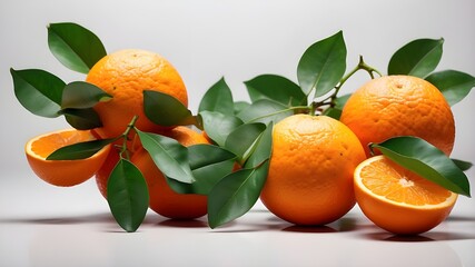 Wall Mural - tangerines with leaves, Juicy oranges in the fall with green foliage isolated on a white backdrop. Orange slices that fly