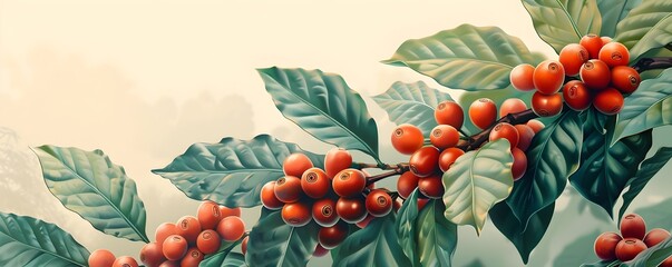 Sticker - Detailed of a Coffee Plant with Beans at Various Stages of Ripeness Coffee Concept Copy Space