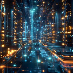 Poster - Quantum Computer Processing Center with Glowing Nodes and Streams of Light in Futuristic Science Fiction Concept