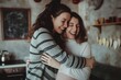 © Anastasia Knyazeva - Happy pregnant lesbian woman with her girlfriend at home, hugging and looking on each other. Woman holding belly.