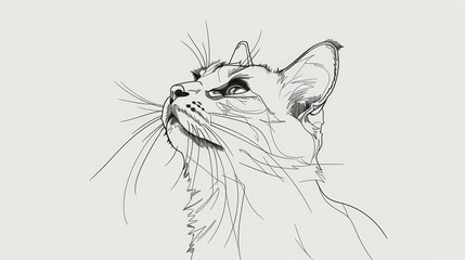 A detailed line drawing of a cat's face looking upwards, showcasing intricate features and expressions