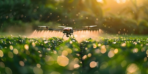 Wall Mural - Drone spraying fertilizers or pesticides on crops to improve efficiency and reduce impact. Concept Agricultural Drones, Precision Farming, Crop Management, Sustainable Agriculture, Drone Technology