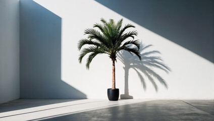 Wall Mural - creative layout of colorful palm leaves on a white background in the rays of the sun, with shadows. 