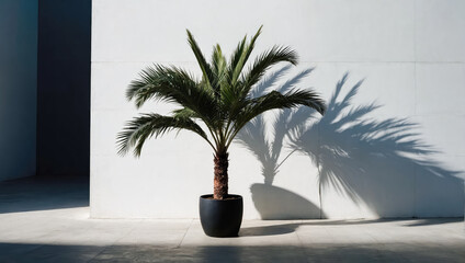 Wall Mural - creative layout of colorful palm leaves on a white background in the rays of the sun, with shadows. 