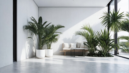 Wall Mural - creative layout of colorful palm leaves on a white background in the rays of the sun, with shadows. 