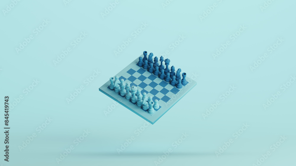 Blue chess board pieces game competition soft tones pale background 3d ...