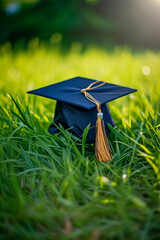 Canvas Print - Close-up view of a black graduation cap with a blue and gold tassel lying on a nicely-trimmed grass field. photo-realistic, professional photo quality