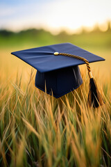 Wall Mural - Close-up view of a black graduation cap with a blue and gold tassel lying on a nicely-trimmed grass field. photo-realistic, professional photo quality