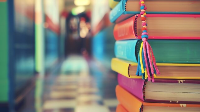 a stack of colorful books with a colorful tassel bookmark.